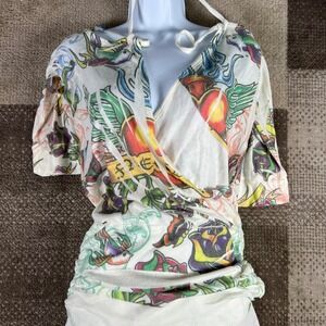 Y2K Muzzanghee Womens Tattoo Print Wrap Ed Hardy‎ Style Cold Shoulder Top Medium
